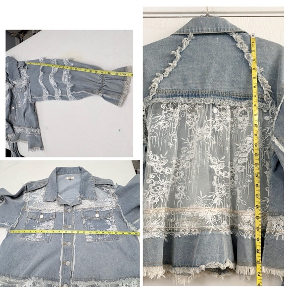 POL Light Wash Lace Ruffle Trim Oversized Denim Shacket Size Small - Picture 11 of 12